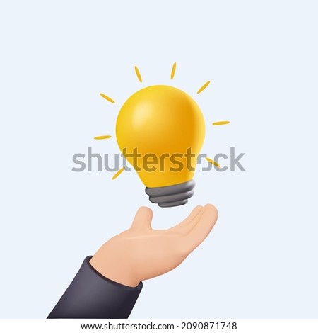 A bright lamp above the palm of the hand. Ideas, think outside the box, imagination, solution, and effort. 3D vector illustration on white background. 3D free to edit. Brainstorm, big idea, business
