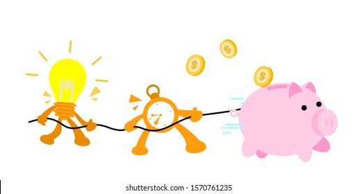 bright lamp idea and time lure pig bank money cartoon doodle flat design style vector illustration 