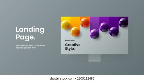 Bright landing page design vector layout. Clean desktop mockup presentation template.