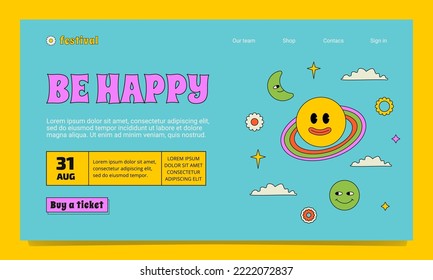 A bright landing page template in the groovy hippy style. A positive outlined illustration with a smiling planet, stars and clouds.