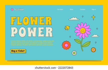 A bright landing page template in the groovy style. A positive outlined illustration with a smiling flower, bird, stars and clouds.