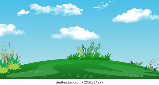 Bright landscape with grass, sky and realistic clouds.