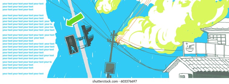 Bright landscape. Noon. Sky clouds. Vector hand-drawn sketch.