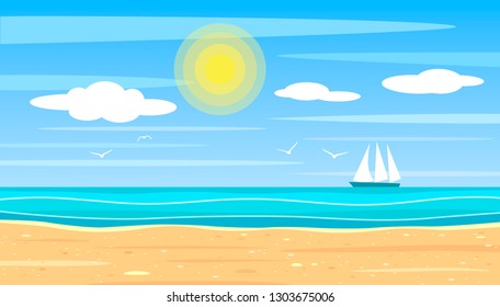 Bright landscape of a sandy beach on the background of the ocean on a bright sunny day. sailboat ship on the horizon with seagulls. flat vector illustration