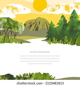 Bright landscape with sunset, mountain and coniferous forest. Nature hand draw vector template with place for text. Collage with watercolor texture