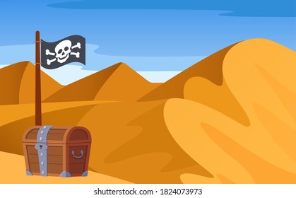 Bright landscape, view of desert with mountains, hills, loose sand, endless expanses with pirate wooden treasure chest, pirate flag. Pirate theme vector illustration
