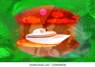 Bright landscapes of the tropics with palm leaves and a sailing yacht