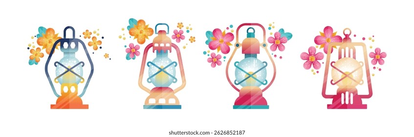Lanterna brilhante e lâmpada com aro e conjunto de vetor de elemento floral