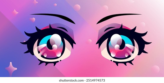 Grandes ojos de anime brillantes con pestañas largas sobre fondo azul y rosa pastel degradado atmosférico.