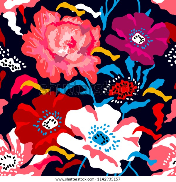 暗い青の背景に明るい大きなケシと牡丹 スペイン語のモチフを使ったシームレスな花柄 繊維 カード カバーのトレンディデザイン のベクター画像素材 ロイヤリティフリー