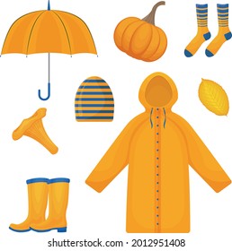 Ein helles großes Set bestehend aus Herbstzubehör wie Regenschirm, Regenmantel, warmen Socken, Gummistiefeln, Kürbis, Herbstgelb und auch einem Pilz. Herbstsymbole. Vektorgrafik