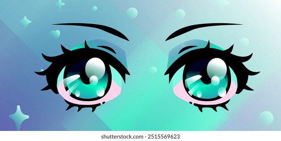 Grandes ojos brillantes de anime con pestañas largas sobre fondo azul pastel degradado atmosférico.