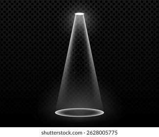 Bright laser spotlight beam on dark stage background. Vector illustration with glowing effect. Perfect for concert lighting, nightclub scenes or party decoration.