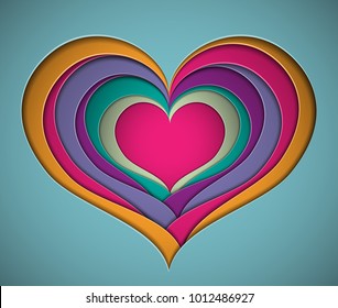 Bright layered Valentine in the style of material design, depicting several different tilted contours in the shape of a heart cut out of color paper in the style of 80s. For modern design 