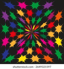 Bright leaf star. Rainbow spike Vector. Radial flare art. Black backdrop graphic.