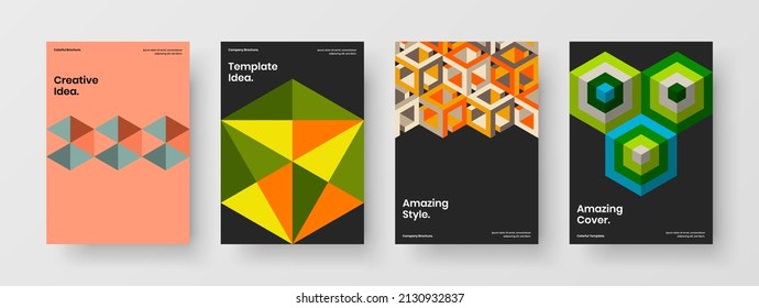 Bright leaflet A4 vector design illustration set. Minimalistic geometric shapes handbill layout composition.