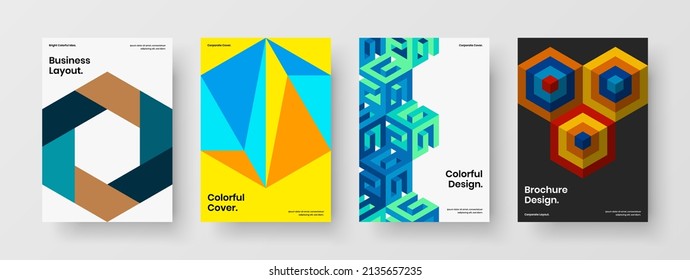 Bright leaflet A4 vector design illustration composition. Colorful geometric tiles placard template set.