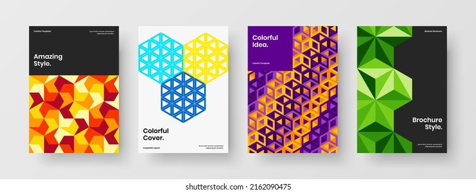 Bright leaflet design vector template bundle. Premium geometric tiles postcard illustration set.