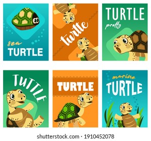 Diseños luminosos de panfletos con una bella tortuga. Carácter marino divertido y colorido en diferentes poses de cartas. El concepto de fauna marina y animales. Plantilla para folleto o folleto promocional