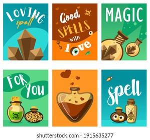 Bright leaflet designs with magic ingredients. Colored potions and loving spells in different glass bottles. Witchcraft and Halloween concept. Template for promotional leaflet or flyer