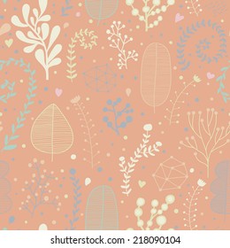 Papel pintado de color pastel con hojas y cristales brillantes. Se puede usar un patrón sin inconvenientes para papeles pintados, rellenos de patrones, fondos de páginas web, texturas superficiales. Maravilloso fondo floral sin fisuras en rosa
