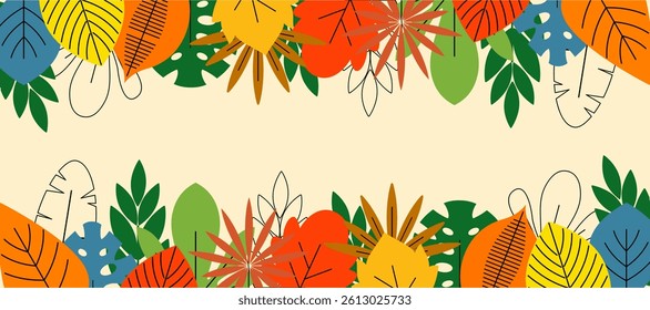 Bright leafs frame with free space for your text. Exotic and tropical plants. vector illustration.