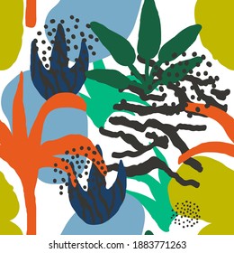 Bright Leaves and Doodles Exotic Vector Seamless Pattern. Motley Asian Palm and Snake Wrap. Spring Background.