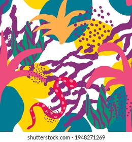 Bright Leaves and Doodles Summer Vector Seamless Pattern. Pink and Yellow Tropical Jungle Animal and Floral Cover. Deciduous Background.