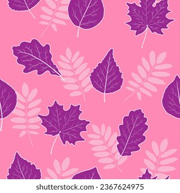 The bright leaves of oak, maple, birch and poplar are fuchsia or bright pink on a pink background with white silhouettes of rowan leaves. Seamless pattern. Printing on fabric. Vector illustration.