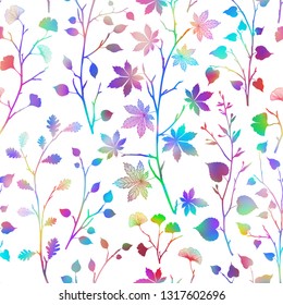 Bright leaves pattern seamless background Neon trendy texture Holographic vivid decorative repeat texture with leaf and branches tree. Template for design fabric, backgrounds, wrapping paper, package
