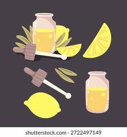 Iconos planos brillantes del aceite esencial del limón con las rebanadas de los cítricos y las botellas del gotero. Una colección fresca y enérgica para la belleza orgánica y el bienestar.