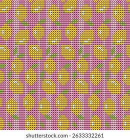 Bright Lemon Fruit Seamless Knitting Pattern on Pink Background for Fun Summer and Kids Designs