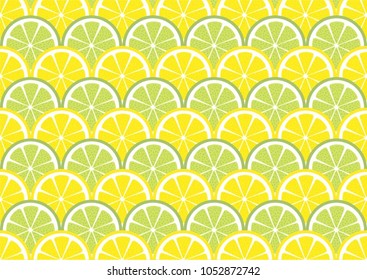 Bright lemon and lime slices vector background. Summer bright tropical fruit pattern. 