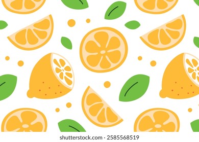 Bright lemon pattern, vector illustration in flat cartoon style. Citrus slices, green leaves, fresh yellow fruit. Perfect for wallpaper, textile, kitchen decor, or tropical designs