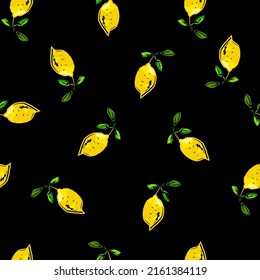 Bright lemon seamless pattern on the black. Vector design for paper, wrapping paper, textile, package.