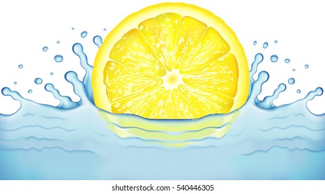 Bright lemon slice falling into water. Refreshing and healthy