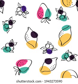 Bright Lemon and Strawberry Vector White Seamless Pattern. Sketch Citrus and Blueberry Illustration. Pink and Yellow Apricot and Lime Cartoon Design.
