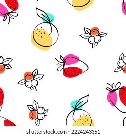 Bright Lemon and Strawberry Vector White Seamless Pattern. Adorable Citrus and Blueberry Wallpaper. Color Apricot and Lime Line Background.