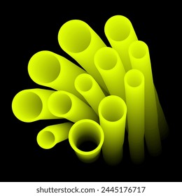 The bright lemon tubes turn and shrink. The path of lemon pipes in a black background. Bright ring isolated vector illustration. Repeated twisted tubes form a line