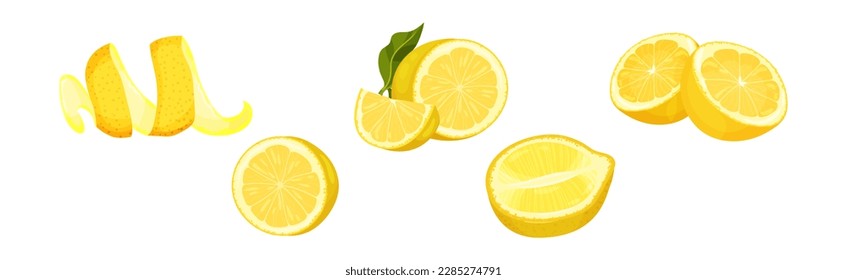 Bright Lemon with Yellow Skin and Green Leaf Vector Set