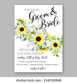 Bright lemon yellow sunflower wedding invitation country stile vector template