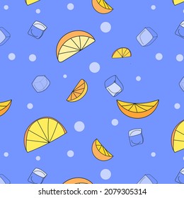 Bright lemonade pattern with lemons, ice and bubbles. Major colours yellow, orange and blue. Concept for background, print, texture, textile, banners, cards, flyers