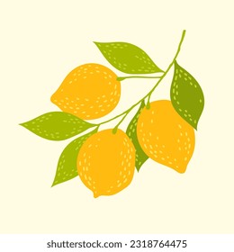 bright lemons on a branch. cozy illustration of stylized lemons.