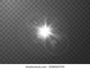 Bright lens flare with glowing starburst and light beams on a transparent background. Vector illustration of a sunlight glare effect, creating a radiant explosion of light.