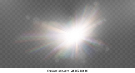 Bright lens flare with rainbow light effects on transparent background.	