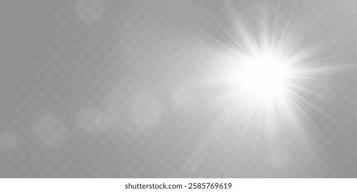 	
Bright lens flare with rainbow light effects on transparent background.	
