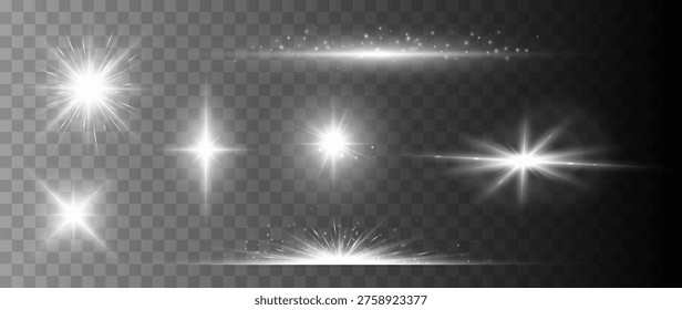 Bright lens flare set with glowing light bursts and horizontal streaks isolated on transparent background high resolution overlay collection