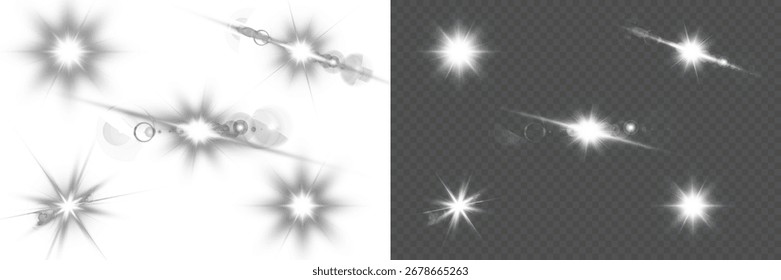 Colección de Vector de destello de lente brillante. Efectos de brillo transparentes, destellos de estrellas, rayos brillantes y puntos de luz brillante para superposiciones de fotos, diseño digital, luz del sol de la naturaleza, iluminación del cielo y decoración.