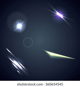 Bright lens flares and glow elements on dark blue background. Star lights vector graphic design illustration