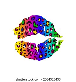 El leopardo brillante se labra sobre un fondo blanco. Arcoiris. labios femeninos pintados de colores. Ilustración dibujada a mano por vectores.